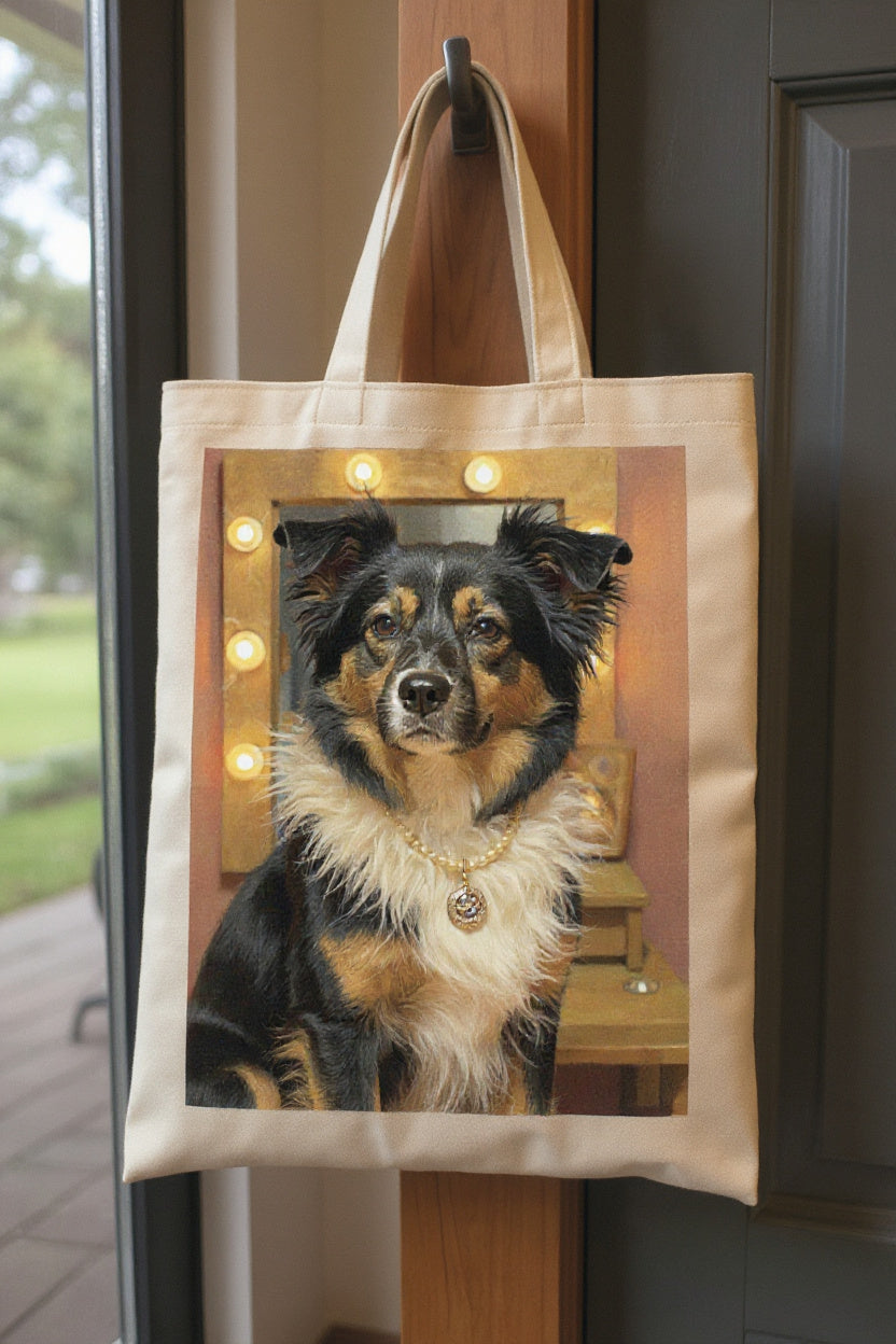 Custom Pet Portrait Tote Bag shown in a room